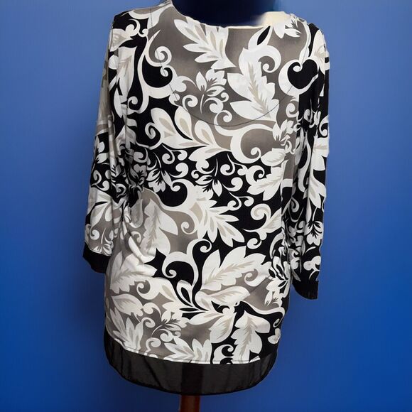 JM Collection 3/4 Sleeve Pullover Blouse Black White Tan Embellished Size XL - Picture 2 of 7